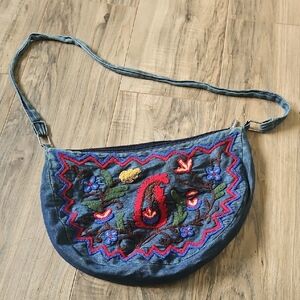 Embroidered Blue Jean Shoulder Bag